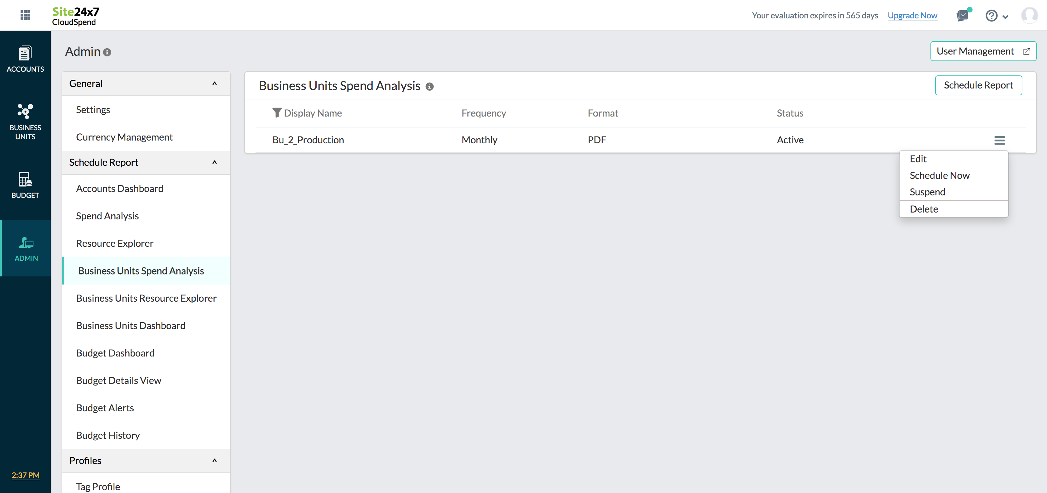 scheduled reports admin tab
