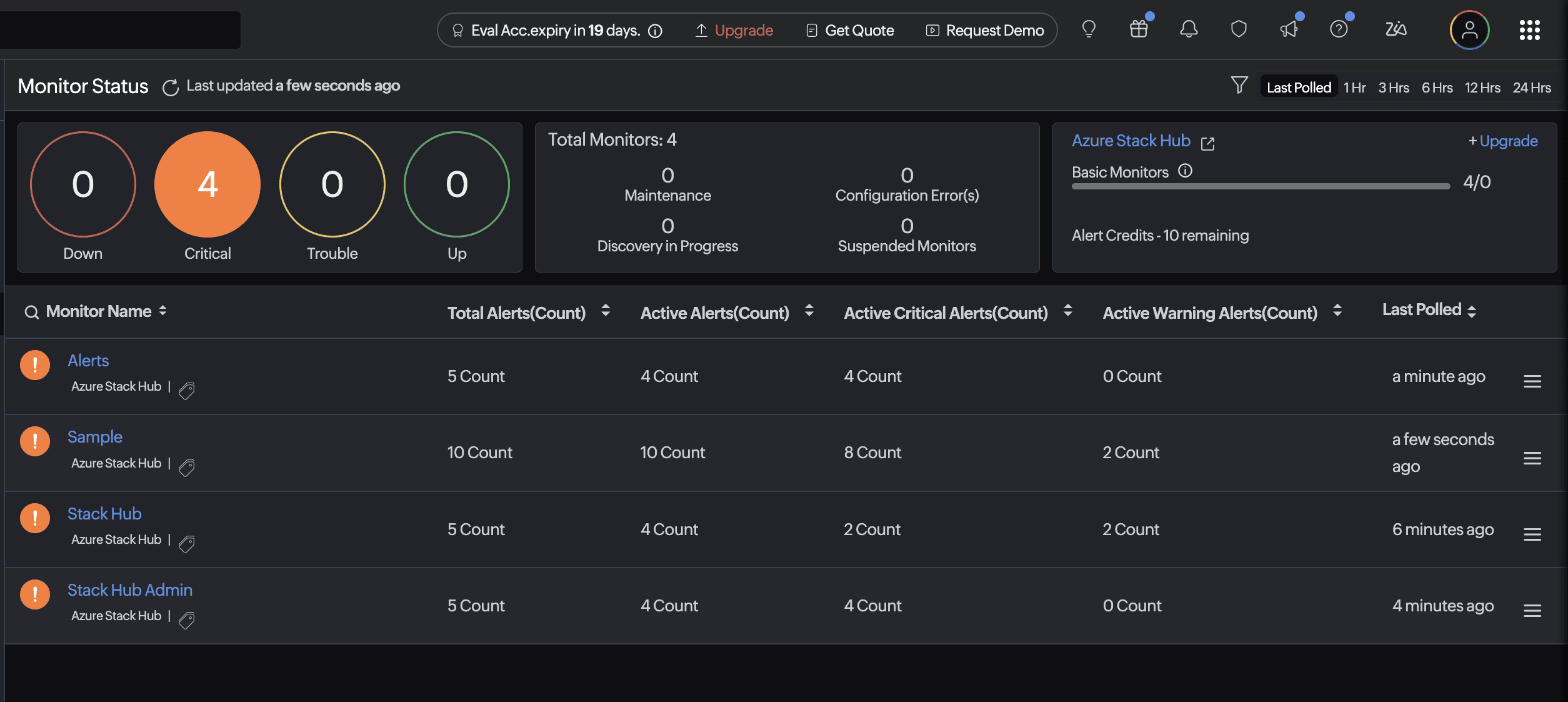 Stack Hub Monitor's home monitor page