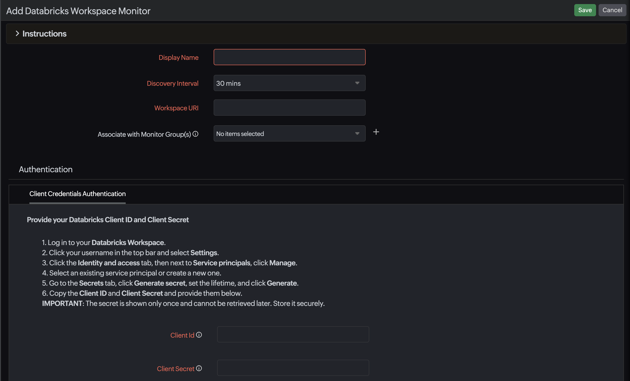 Databricks monitors add page