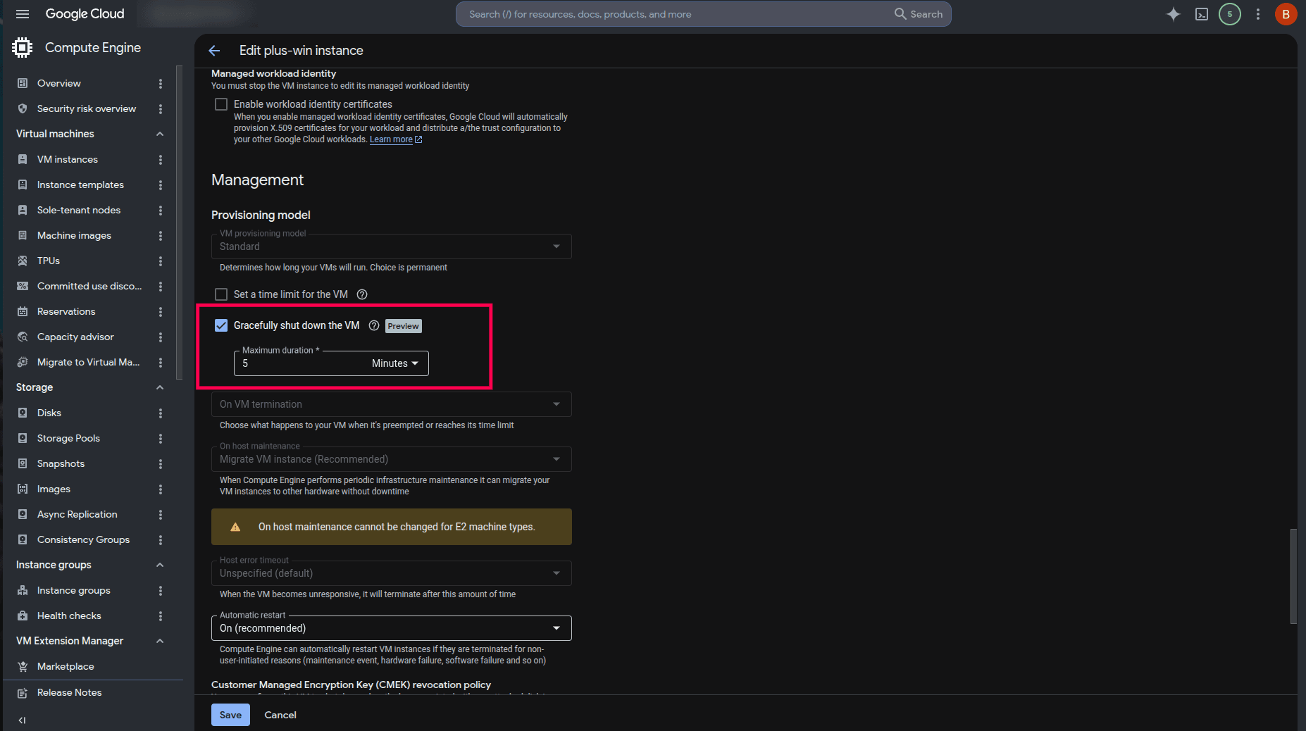 GCP termination settings view GCP termination settings view