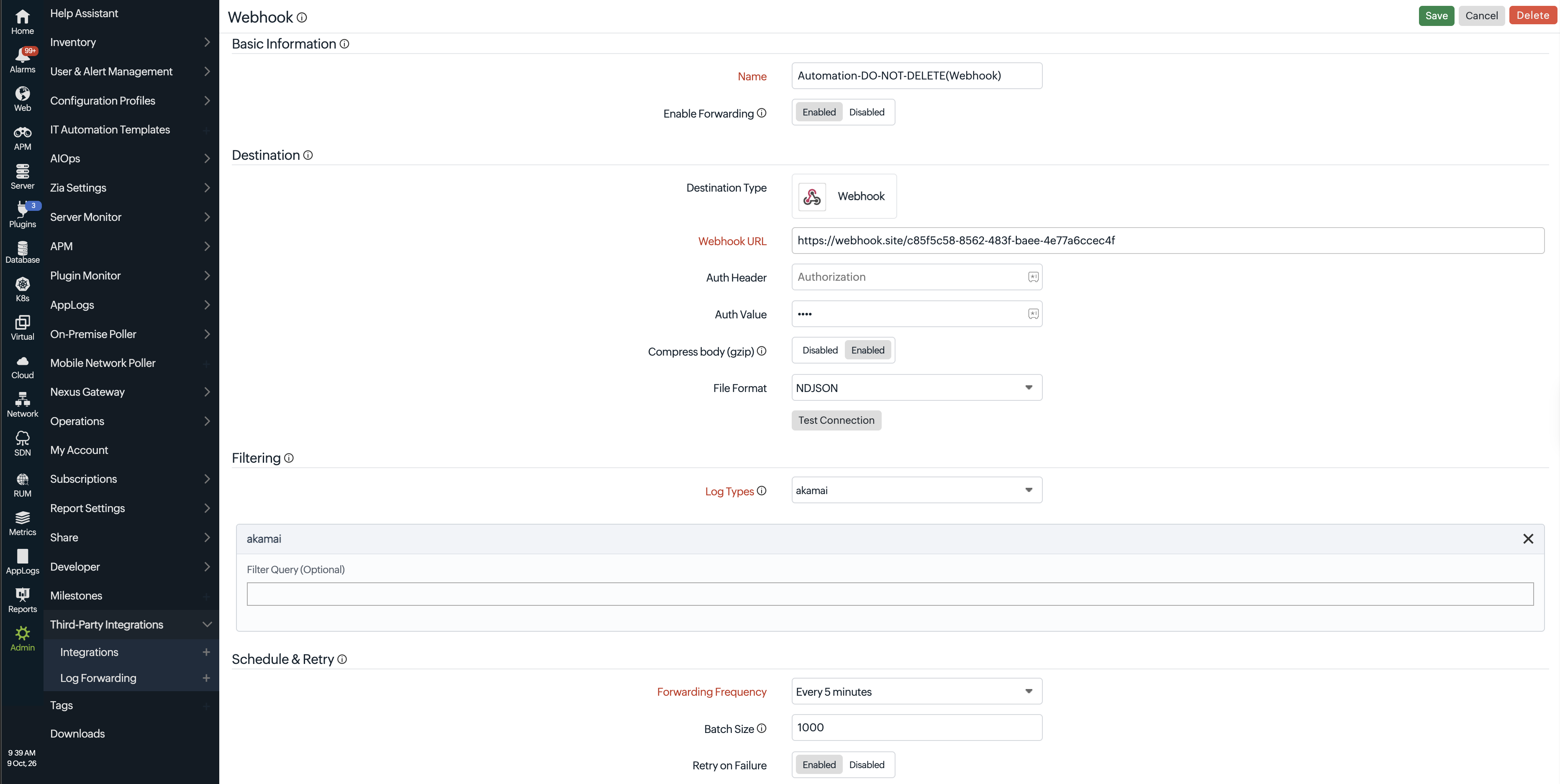Webhook log forwarding Webhook log forwarding configuration